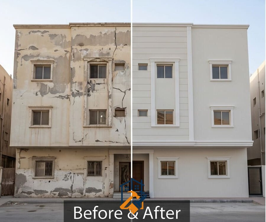مبنى قبل وبعد الترميم