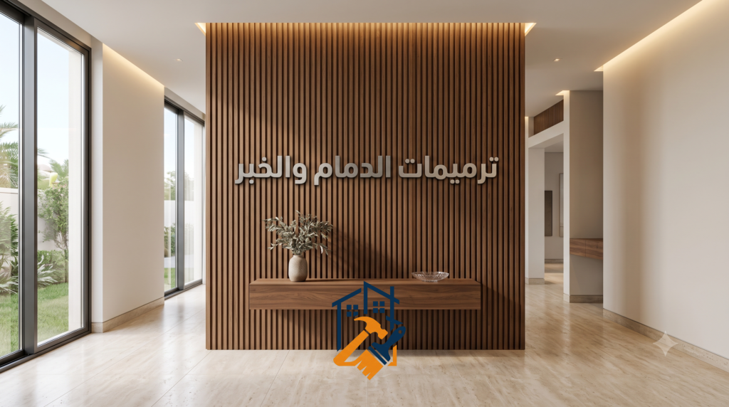مدخل مدخل فيلا مودرن بكسوة جدارية من بديل الخشب الل لوني الجوزي وعبارة 3D باسم ترميمات الدمام والخبر باللون الفضي.